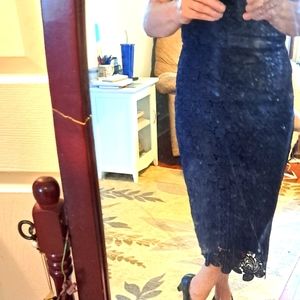 Womens Petite LOFT Sleeveless Navy 8P Dress Rose Flowers in a Lace Syle, lined